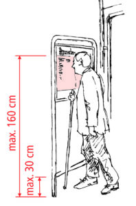 Skizze Person vor Informationsträger, Höhe oberste Zeile max. 1.60 m über Boden vermasst